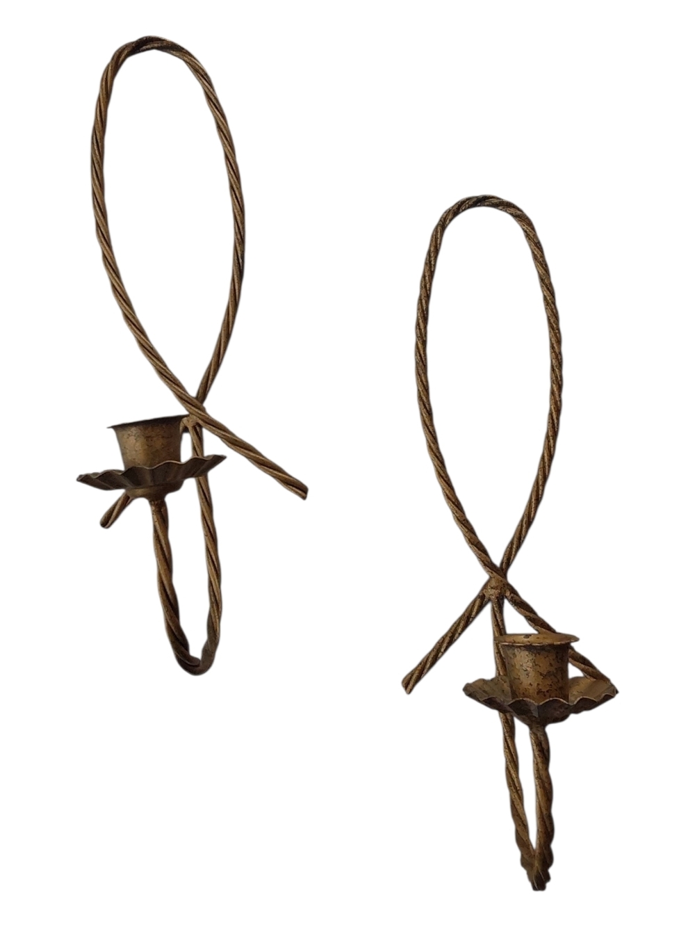 Vintage Twisted Rope Wall Candle Sconces in Aged Brass